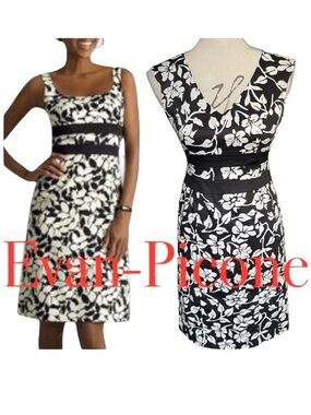 Evan Picone Black/White Floral Cotton Stretch Sleeveless Sheath Dress (2P)